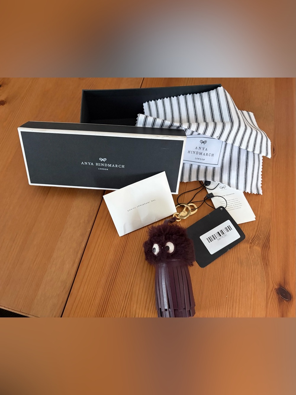 New Anya Hindmarch Burgundy Leather Tassel Shearling Ghost Bag Charm Keychain